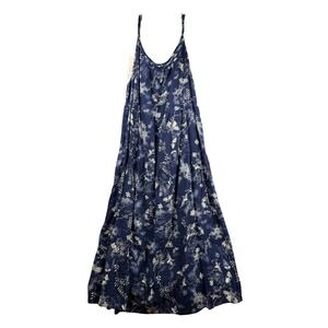 Women's 3XL Blue Floral Crane Print Maxi Dress Boho Tiered Spaghetti Strap